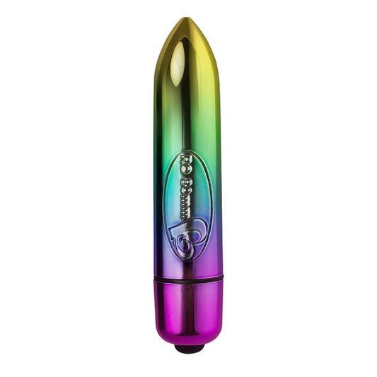 rainbow coloured rocks off bullet vibrator, metal with a smooth, sleek finish.