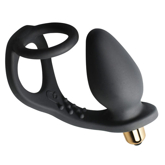 Black Rocks Off 7 speed rozen cockring and anal plug set for adult use