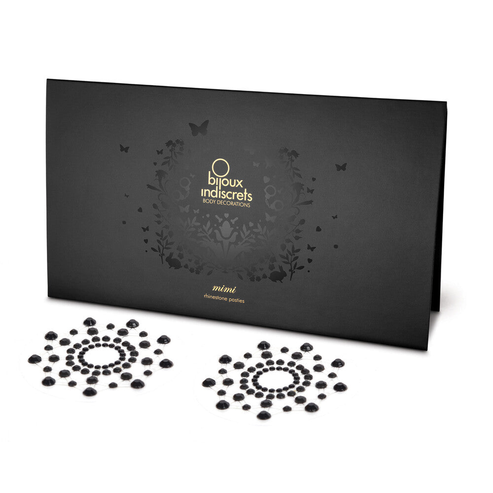 Black rhinestone nipple covers, a sparkly and alluring piece of body jewellery for a touch of glamour.