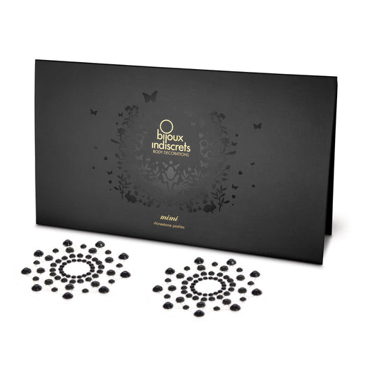 Black rhinestone nipple covers, a sparkly and alluring piece of body jewellery for a touch of glamour.