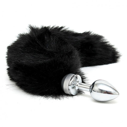 Rimba small butt plug with a fluffy black animal tail attached, a cheeky pleasure toy.