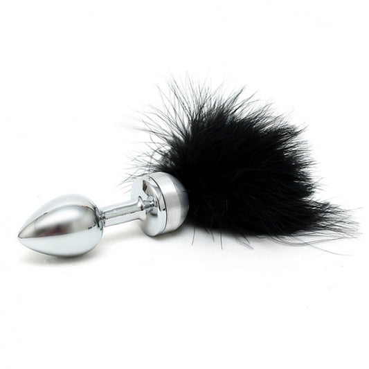 Small black butt plug with delicate black feathers, a cheeky little tail by rimba.