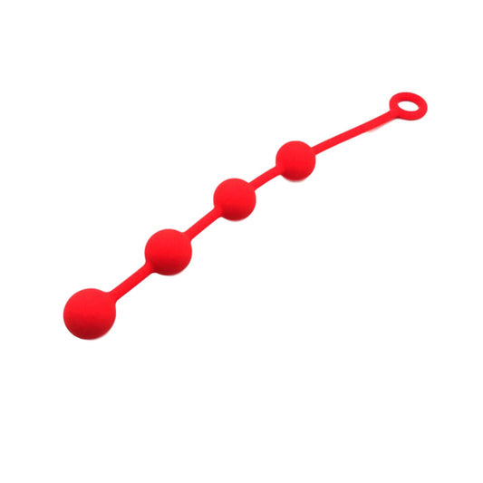 A set of four smooth, deep red anal beads, each 3cm in size, for pleasure.