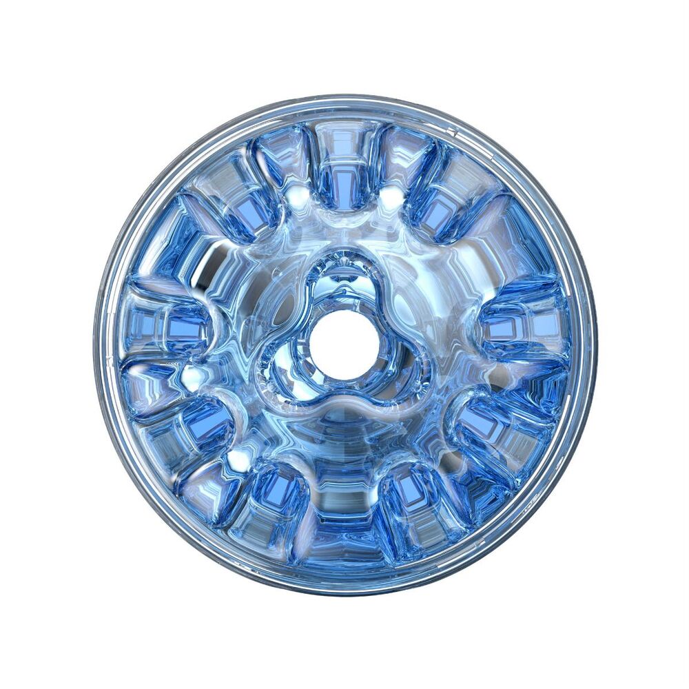 The Fleshlight Quickshot Turbo Blue Ice, a textured blue male pleasure toy for solo fun.