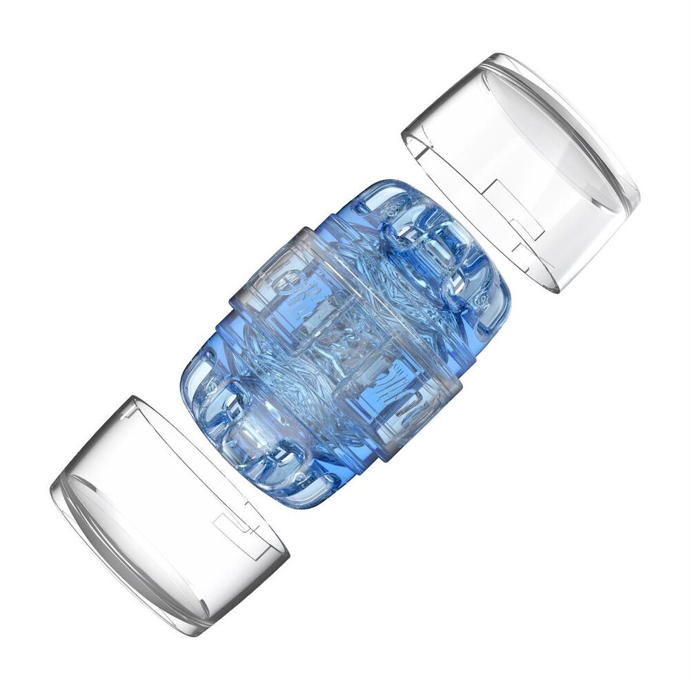 The fleshlight quickshot turbo blue ice, a light blue textured male masturbator sleeve.