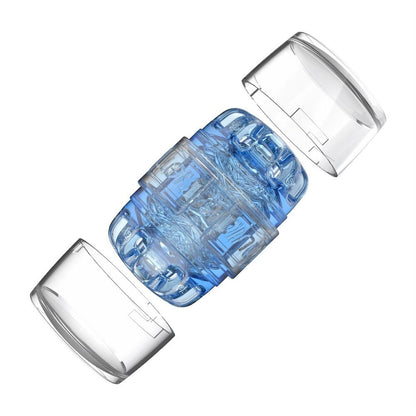 The fleshlight quickshot turbo blue ice, a light blue textured male masturbator sleeve.