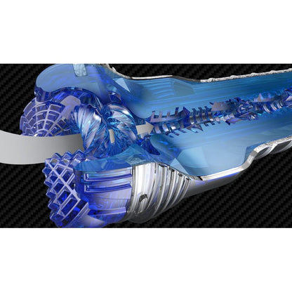Fleshlight turbo core in a vibrant blue; a textured, realistic pleasure toy for men.