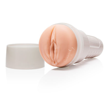 Savannah Bond Fleshlight Girls masturbator, realistic textured interior, flesh-toned material, for solo adult use.