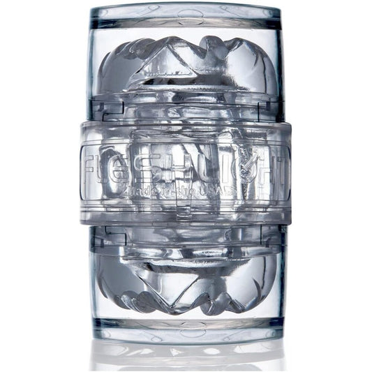 Clear Fleshlight Quickshot Vantage masturbator showing its translucent, ergonomic design, ready for solo pleasure.