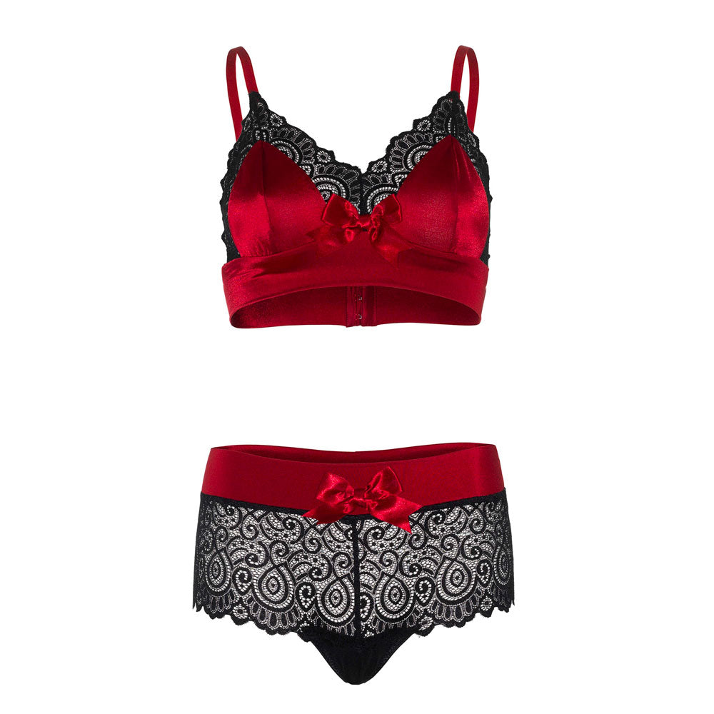 Leg Avenue satin bralette and string set in a sleek, shiny spandex finish