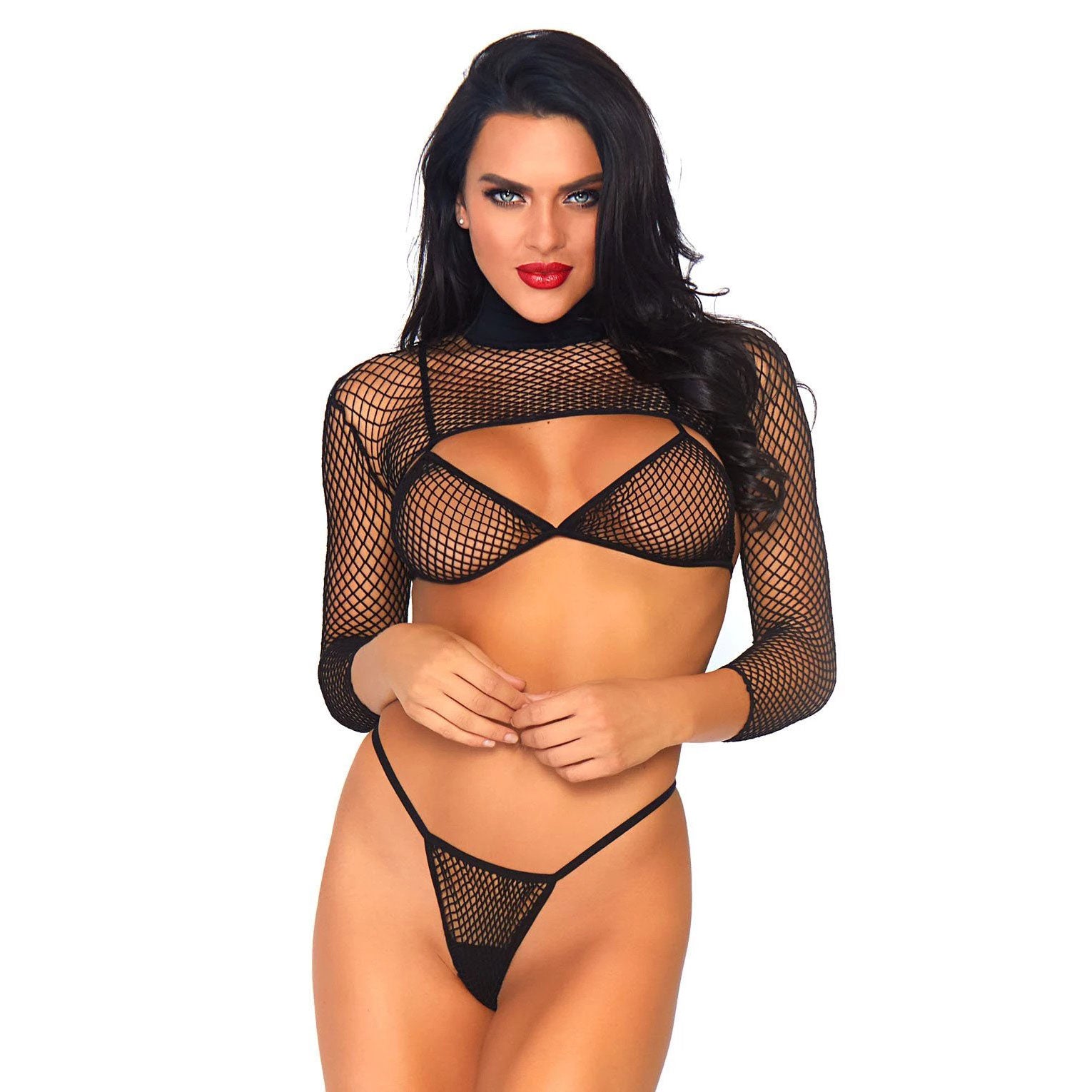 Love Kinx bra set: black net top, thong and bra lingerie; UK size 8-14.