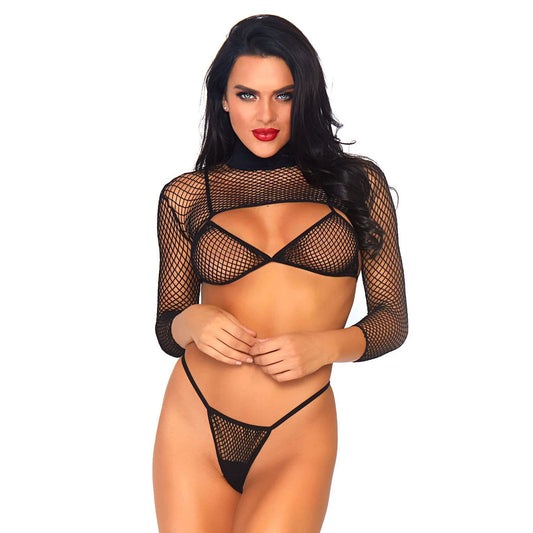 Love Kinx bra set: black net top, thong and bra lingerie; UK size 8-14.