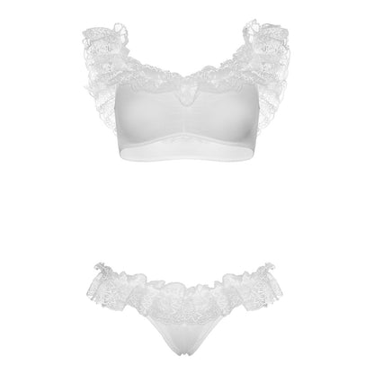 Leg Avenue lingerie set featuring a black lace ruffle crop top and knickers, sizes uk 8 to 14.