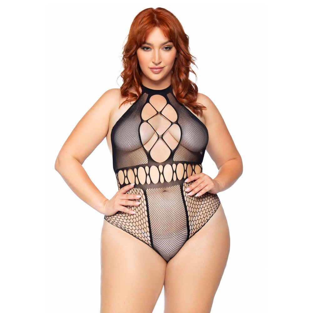 Leg Avenue seamless bodysuit in black, a figure-hugging plus size lingerie piece for UK sizes 14 to 18.