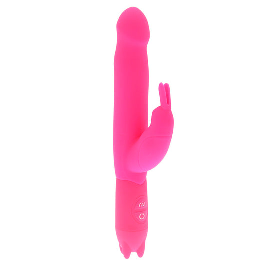 Close-up of a pink bunny-shaped vibrator, a pleasure product for adults' intimate play.