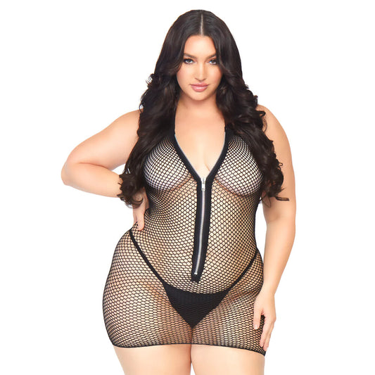 leg avenue plus size fishnet dress, black with a zip up front, uk sizes 18 to 22