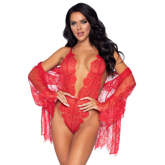 Red floral lace teddy and matching robe from Leg Avenue, a stylish boudoir set.