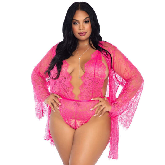 Leg Avenue lingerie set, floral lace teddy with matching robe, plus size option.