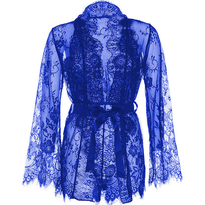 Floral lace teddy and matching robe set, a delicate and alluring lingerie look.