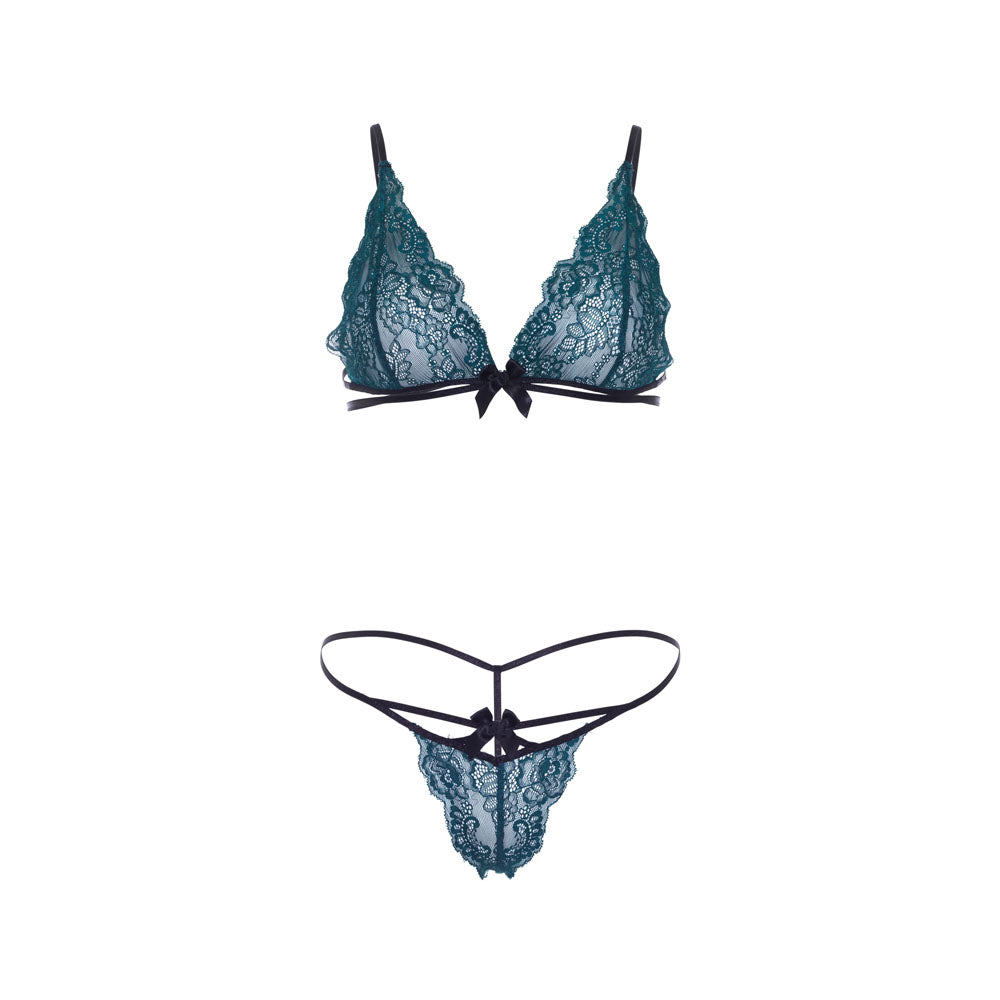 Teal lace bralette and string panty set; a delicate and alluring lingerie choice.