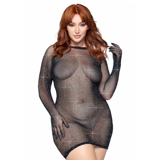 Leg Avenue plus size black dress with rhinestone gloves, a striking lingerie choice.