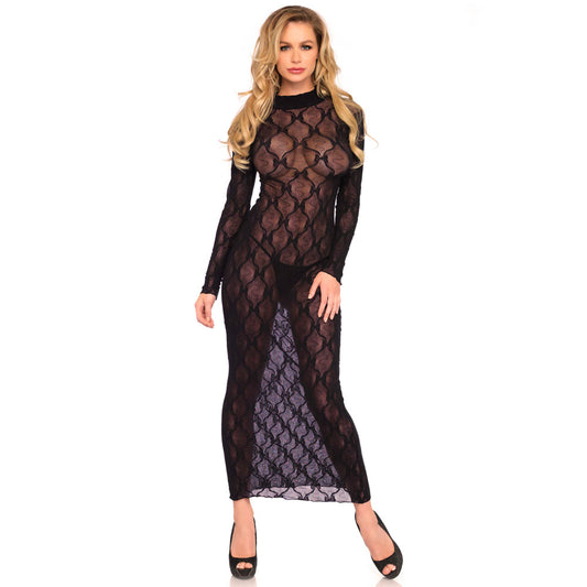 leg avenue long sleeved long dress in black, sizes uk 8 to 14