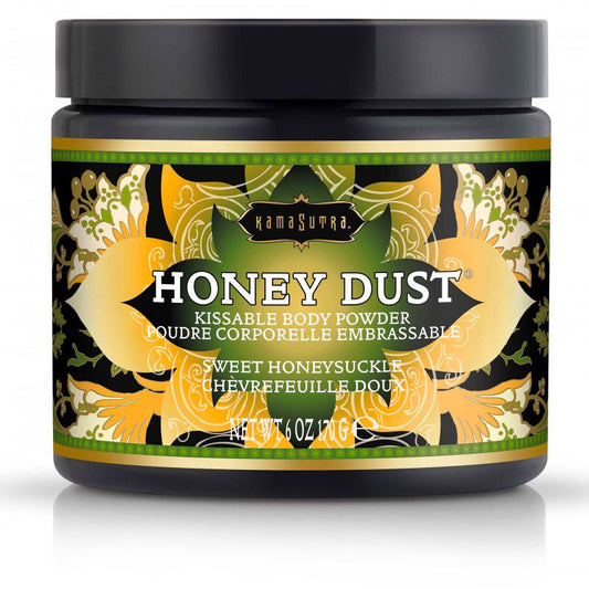 A tin of kama sutra honey dust in honeysuckle flavour, weighing 170 grams.