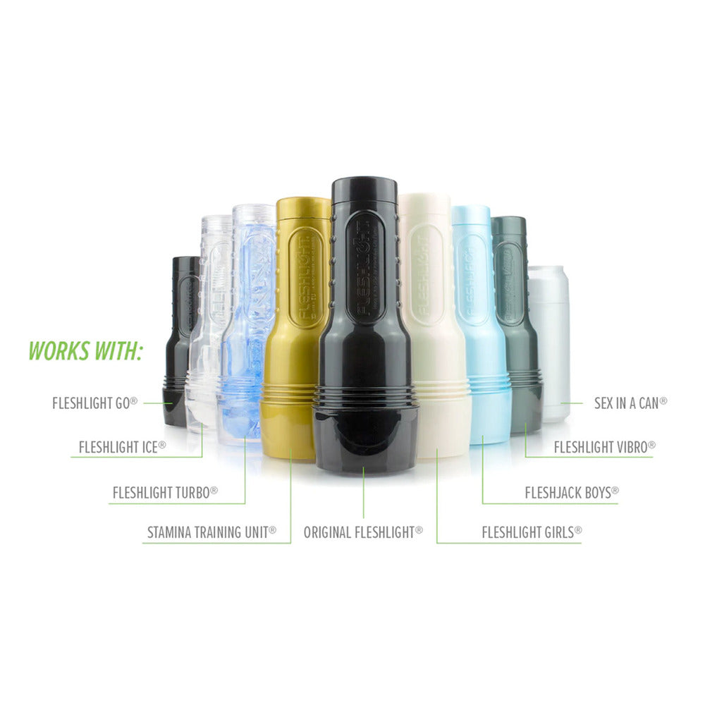 Fleshlight Universal Launch Stroking Simulator attachment, a grey plastic and black device.