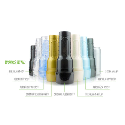 Fleshlight Universal Launch Stroking Simulator attachment, a grey plastic and black device.