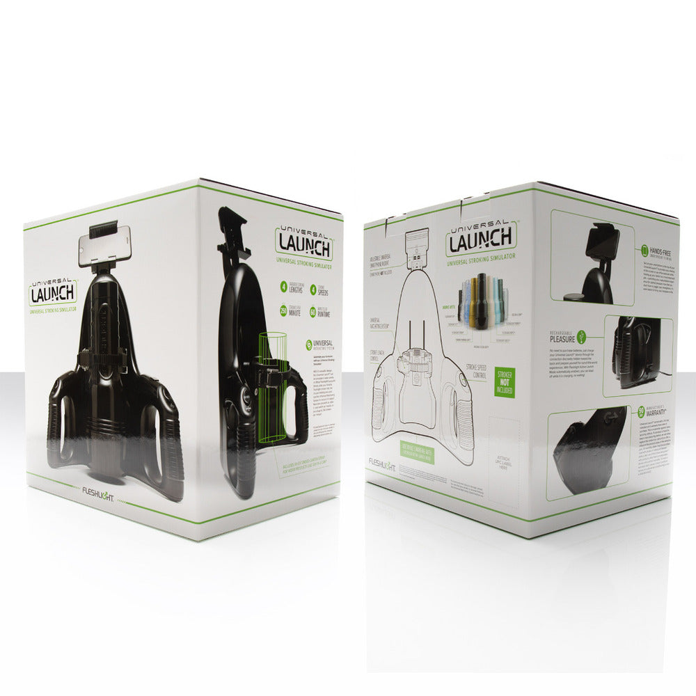 Fleshlight universal launch stroking simulator in black; a textured, cylindrical pleasure sleeve attachment.
