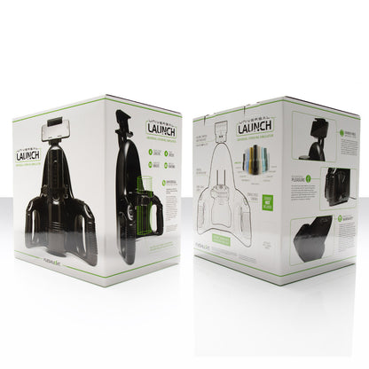Fleshlight universal launch stroking simulator in black; a textured, cylindrical pleasure sleeve attachment.