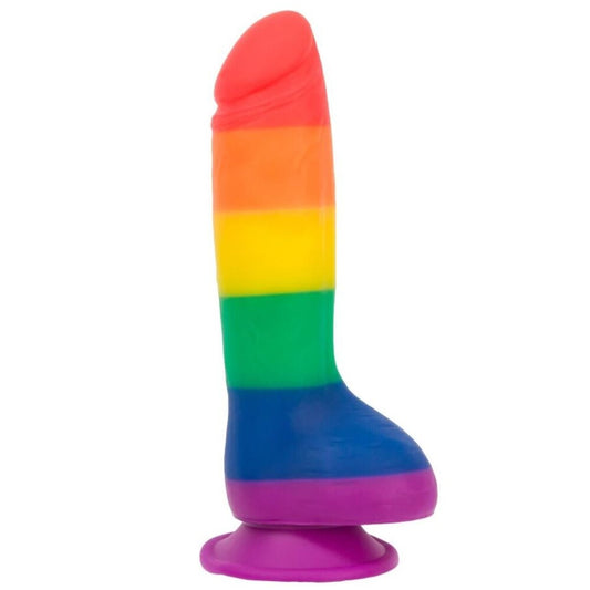 Rainbow-coloured, eight-inch dildo from BMS Enterprises, shaped like a penis, with a smooth finish.