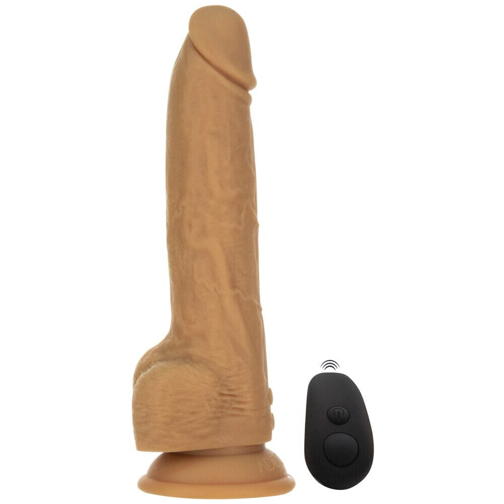 Caramel-coloured, realistic nine-inch thrusting dildo for adult use. It's got a smooth finish.