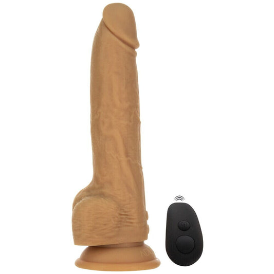 Caramel-coloured, realistic nine-inch thrusting dildo for adult use. It's got a smooth finish.