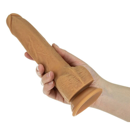 Caramel coloured, nine inch thrusting dildo from bms enterprises with a realistic texture.