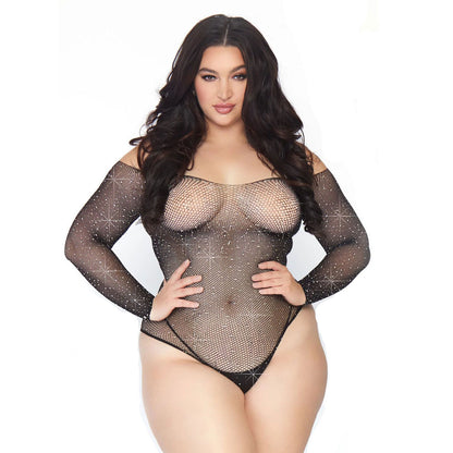 Leg Avenue crystal-embellished long-sleeved body in plus size, UK sizes 18 to 22.