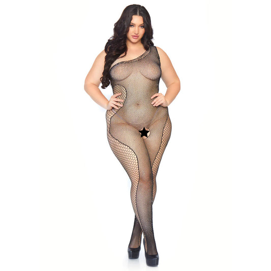 Leg Avenue plus size bodystocking in black with sparkling crystal embellishments, UK sizes 18 to 22.