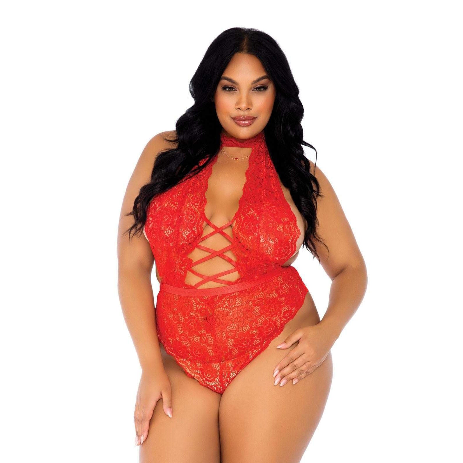 Plus size red floral lace crotchless teddy from leg avenue lingerie, a saucy little number.