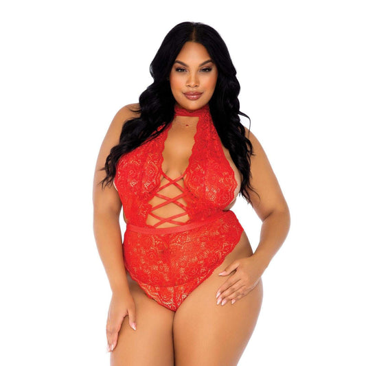 Plus size red floral lace crotchless teddy from leg avenue lingerie, a saucy little number.
