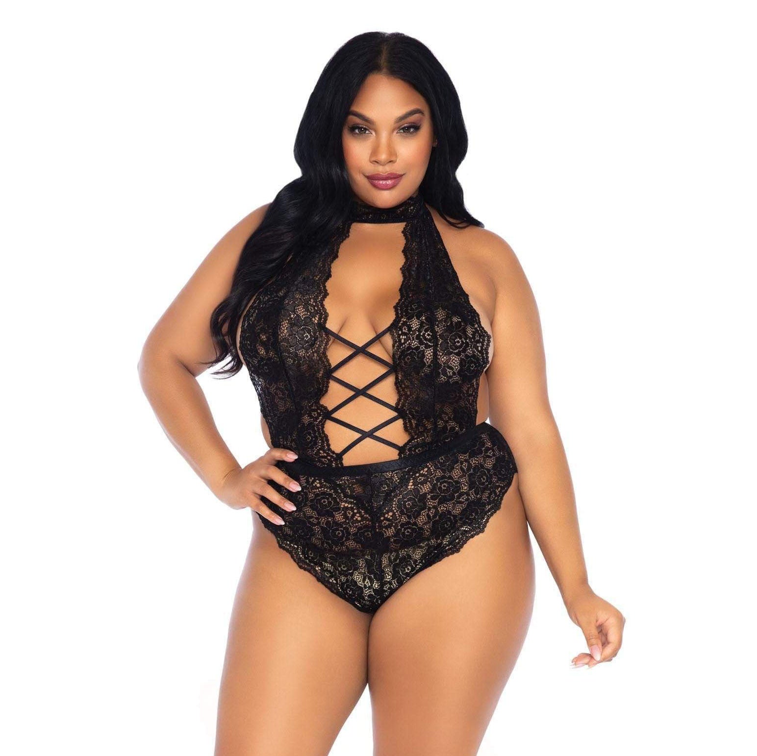 leg avenue black floral lace crotchless teddy for plus size figures, uk sizes 18-22