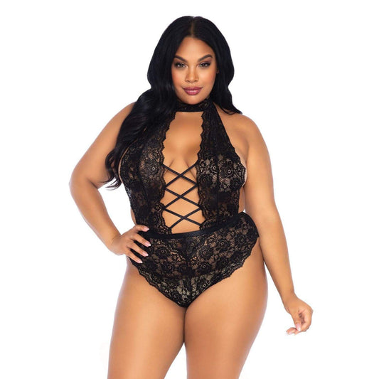 leg avenue black floral lace crotchless teddy for plus size figures, uk sizes 18-22