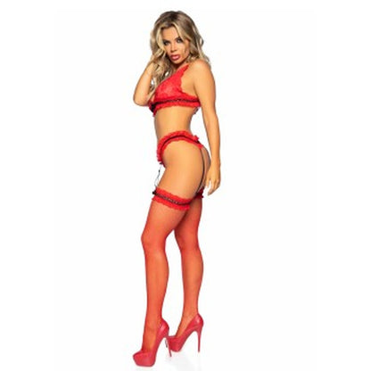 Red bra, knickers, and stockings set from Leg Avenue, sizes uk 6 to 12.