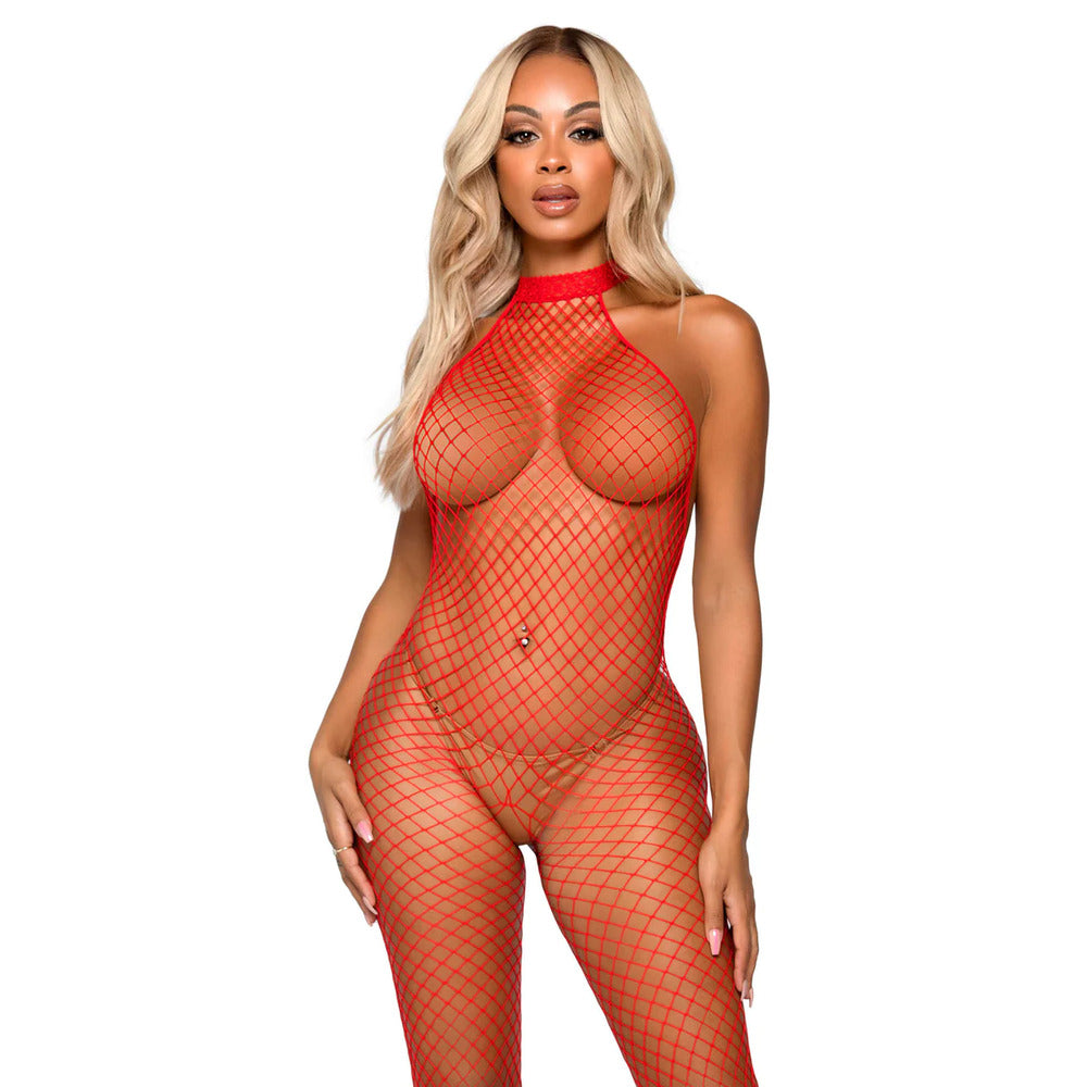 Red racer neck bodystocking from leg avenue lingerie, perfect for a playful night.
