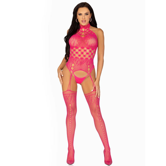leg avenue high neck black halter neck suspender, made with fishnet and lace, sizes uk 6 to 12