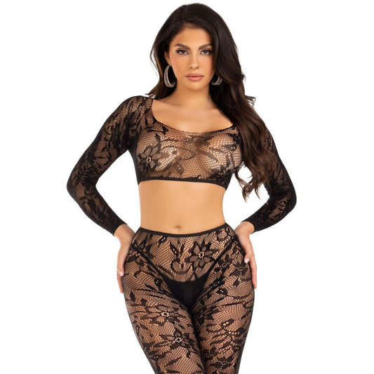 Leg Avenue black crop top and footless tights set, sizes UK 6 to 12.