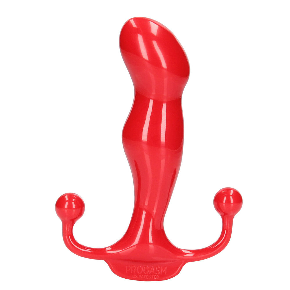 Close-up of a red, ice-coloured Aneros Progasm prostate massager, showing the smooth, rounded design.