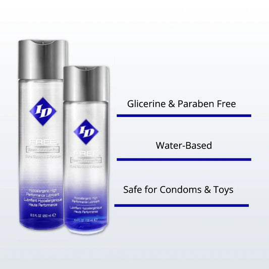 Clear 30ml bottle of id free hypoallergenic waterbased lubricant, ideal for sensitive skin.