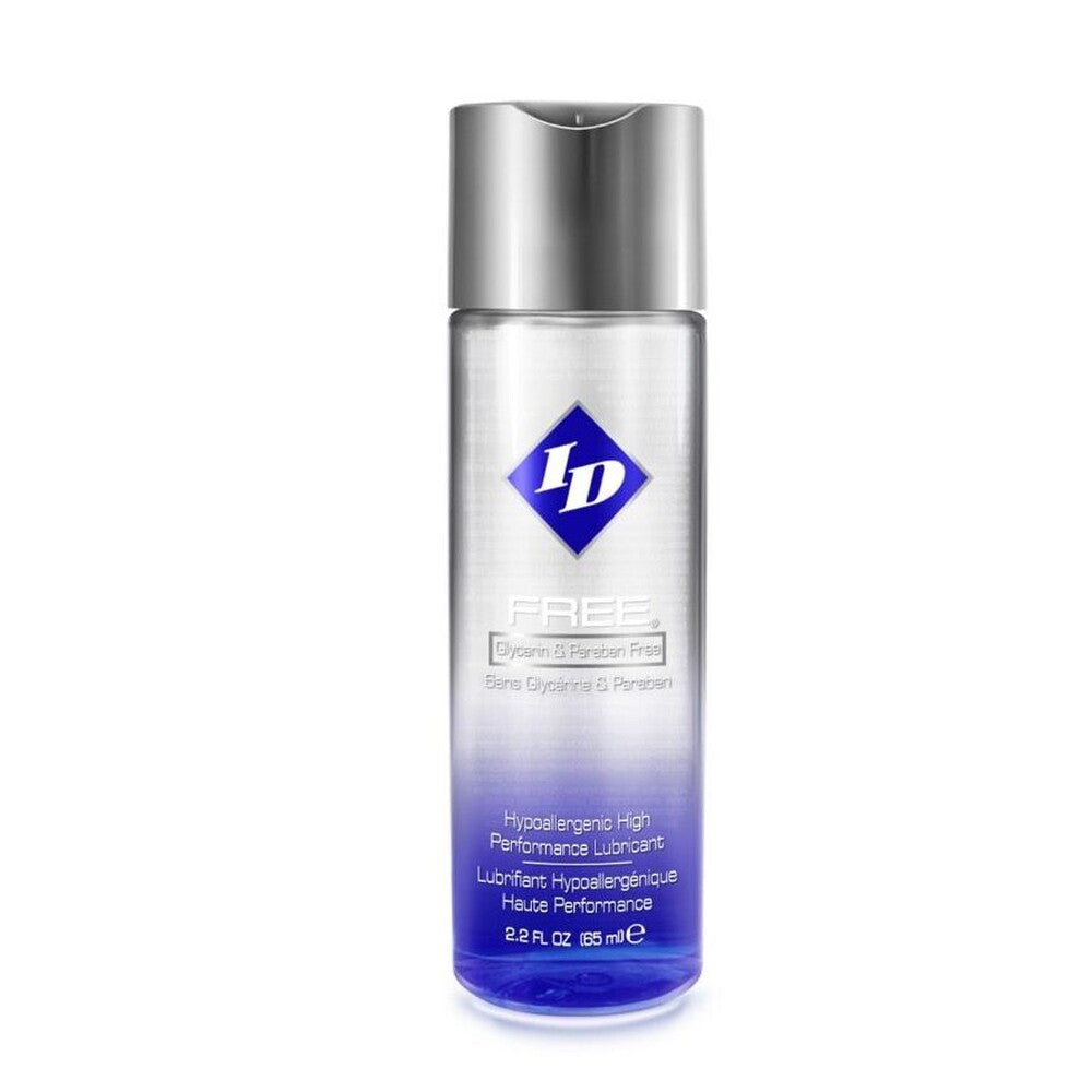 Clear bottle of id lube hypoallergenic water-based lubricant, sixty-five millilitres, for intimate use.