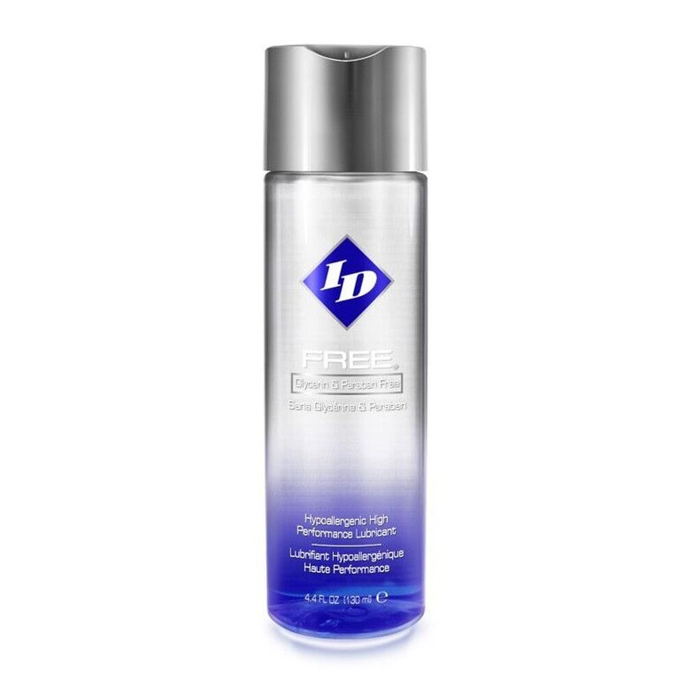 Clear bottle of id free hypoallergenic water-based lubricant, suitable for sensitive skin and intimate use.
