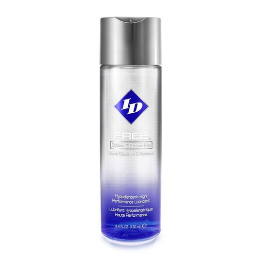 Clear bottle of id free hypoallergenic water-based lubricant, suitable for sensitive skin and intimate use.
